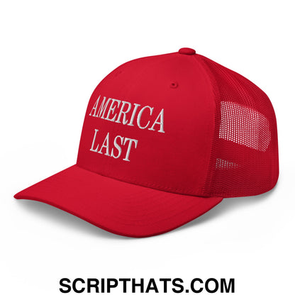 Red mesh trucker hat with white embroidered america last text on the front panel