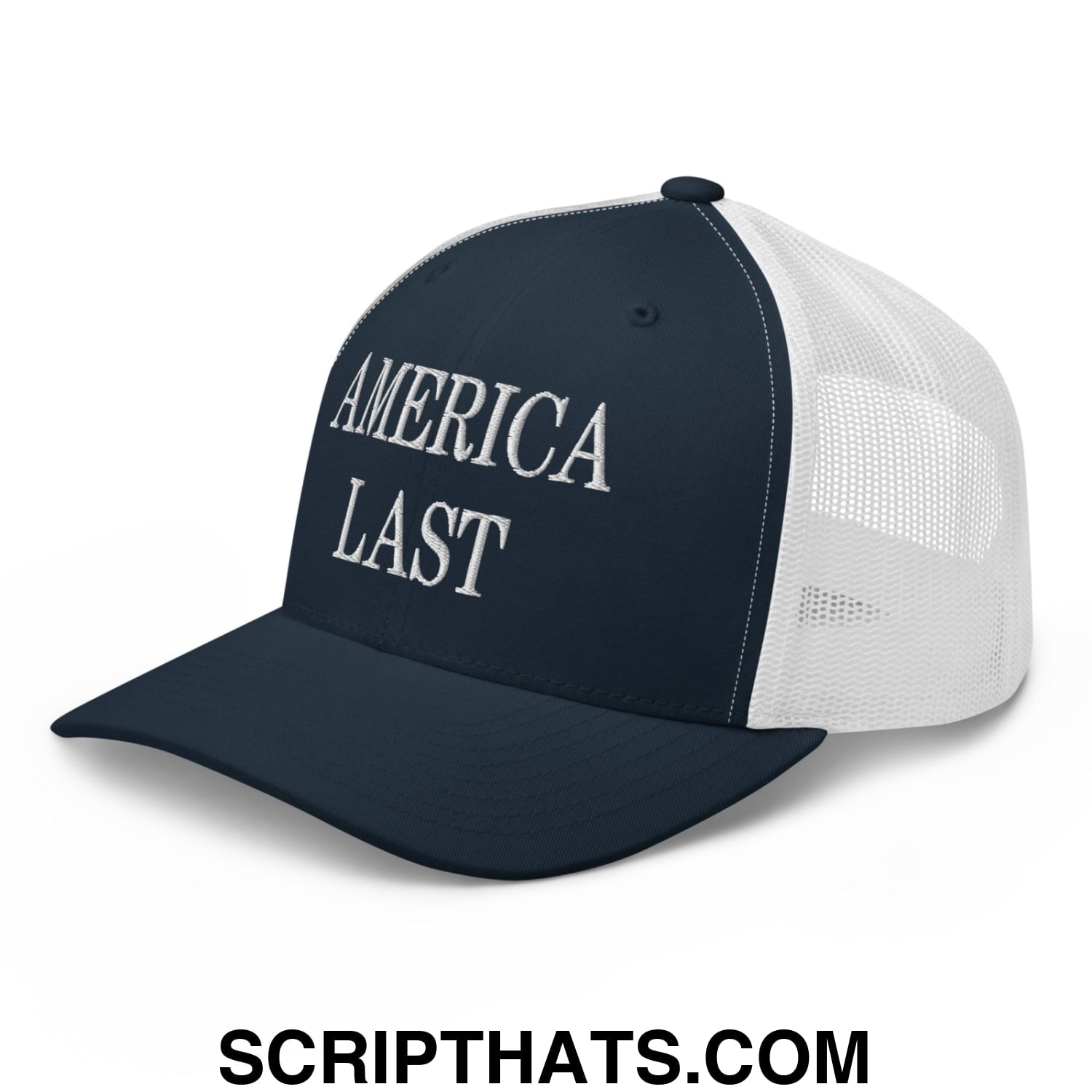 A navy blue and white mesh trucker hat with america last embroidered in silver thread on the front panel