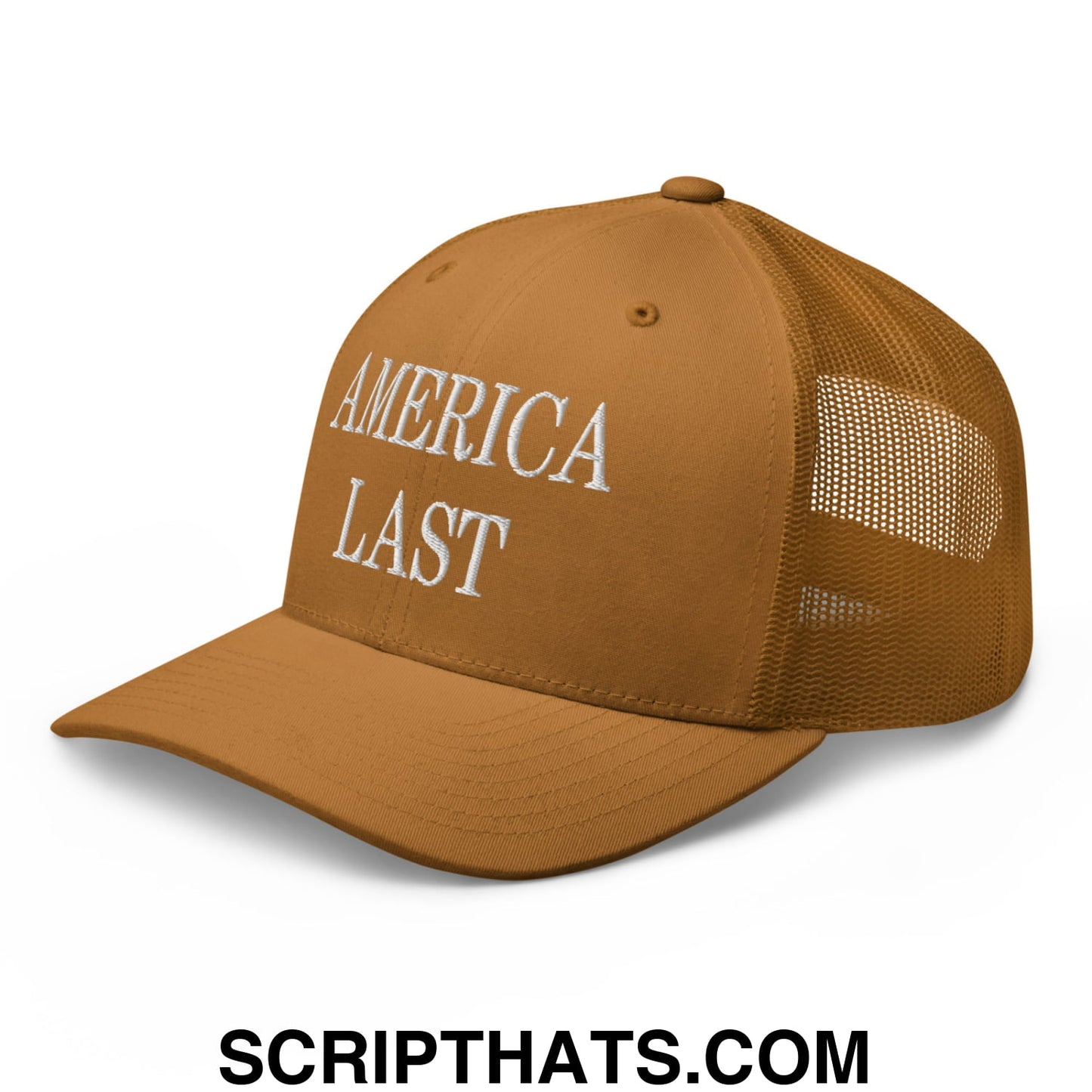 Tan mesh trucker hat with america last embroidered in white on the front panel