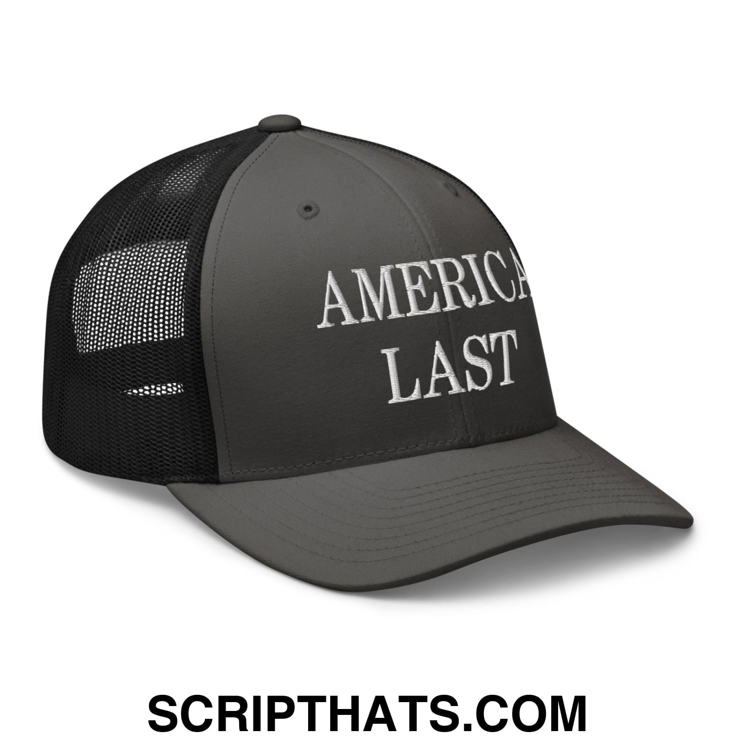Dark gray mesh trucker hat with white embroidered America Last text on the front panel