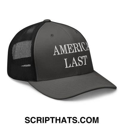 Dark gray mesh trucker hat with white embroidered America Last text on the front panel