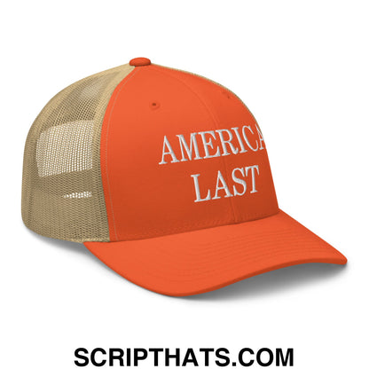 Orange and tan mesh trucker hat with america last embroidered in white on the front panel