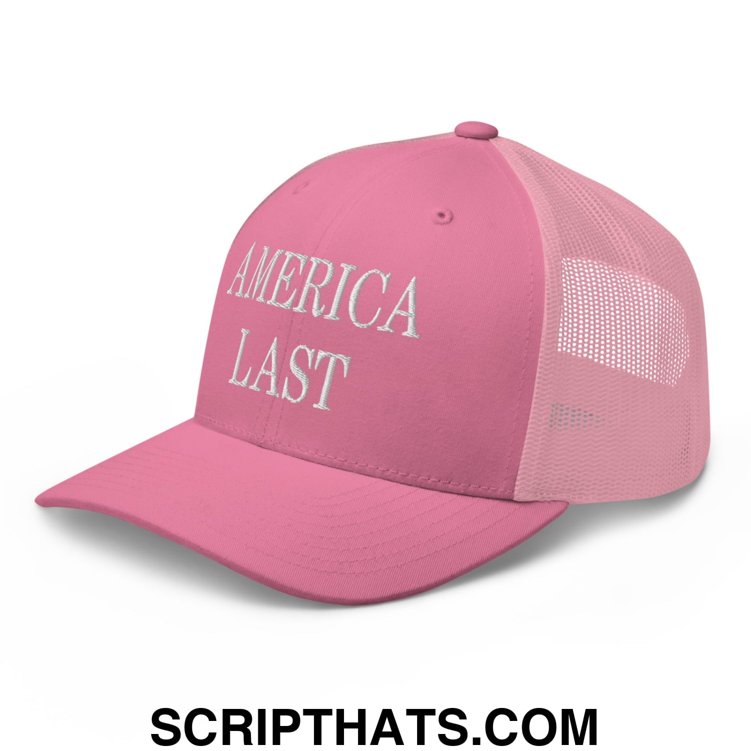 Pink mesh trucker hat with white embroidered america last text on front for casual wear