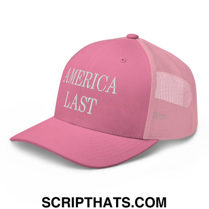 Pink mesh trucker hat with white embroidered america last text on front for casual wear