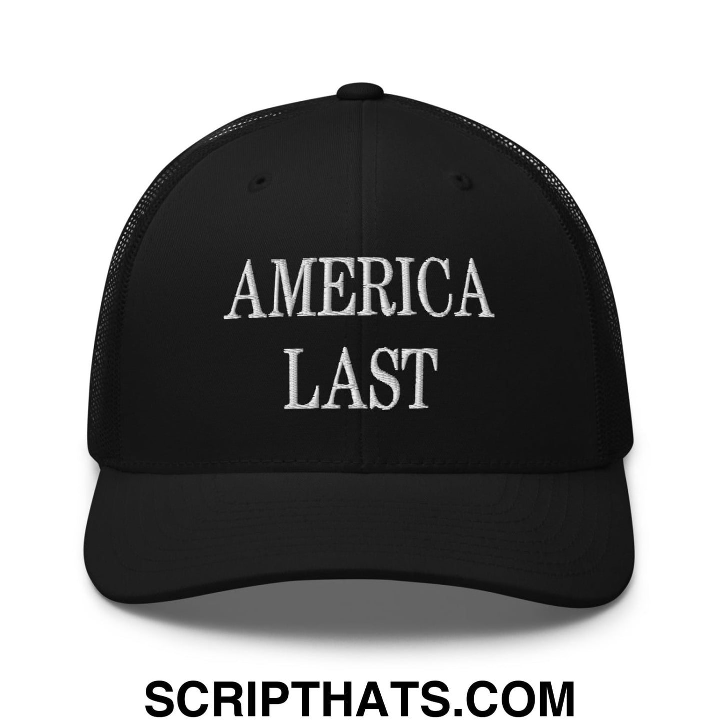 Black mesh trucker hat with white embroidered america last text featuring breathable design