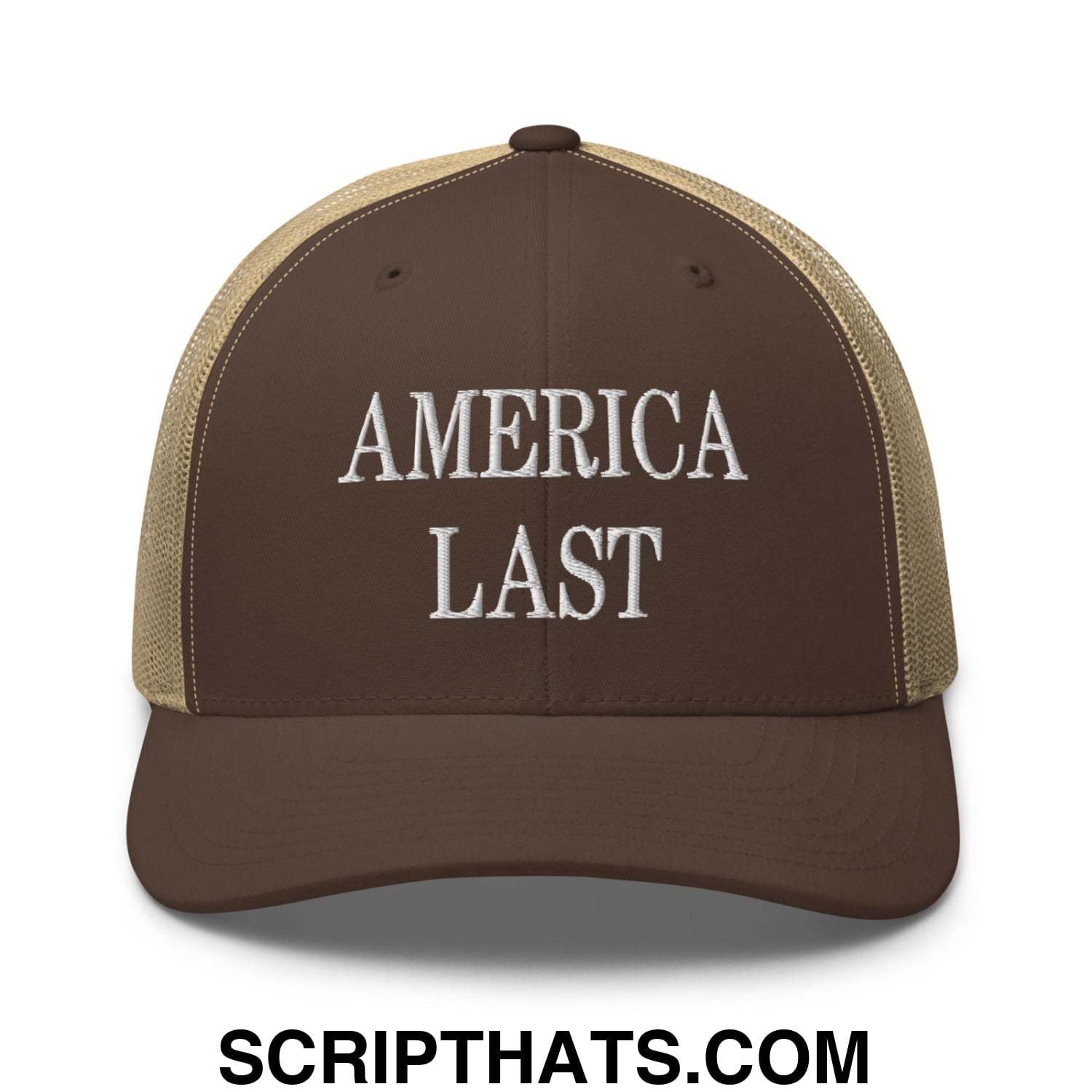 Brown and tan mesh trucker hat with america last embroidered in white on the front panel
