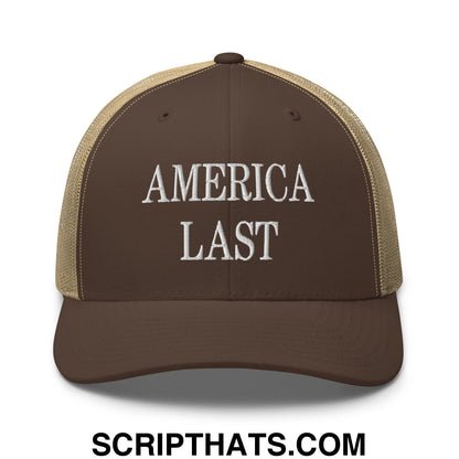 Brown and tan mesh trucker hat with america last embroidered in white on the front panel