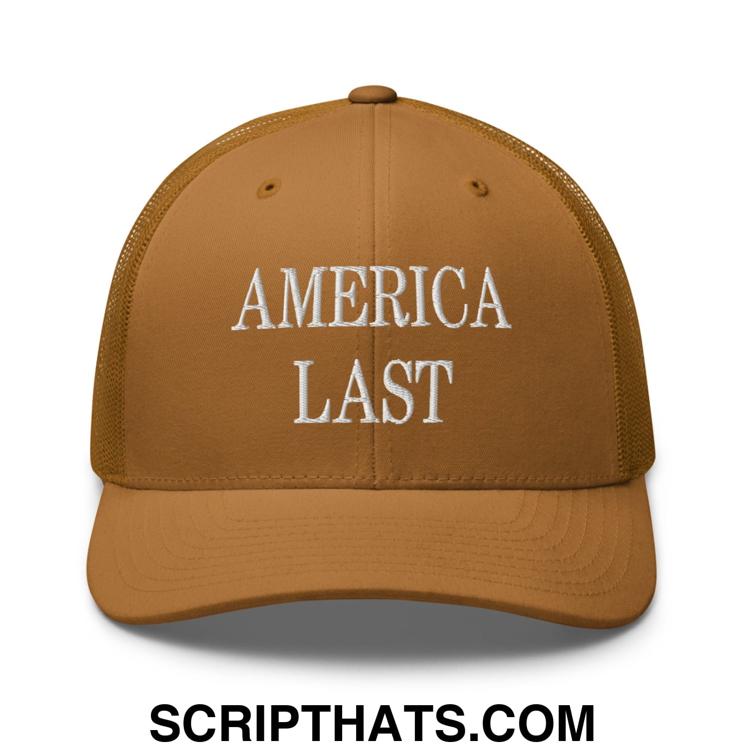 Tan mesh trucker hat with white embroidered america last text featuring breathable design for casual wear