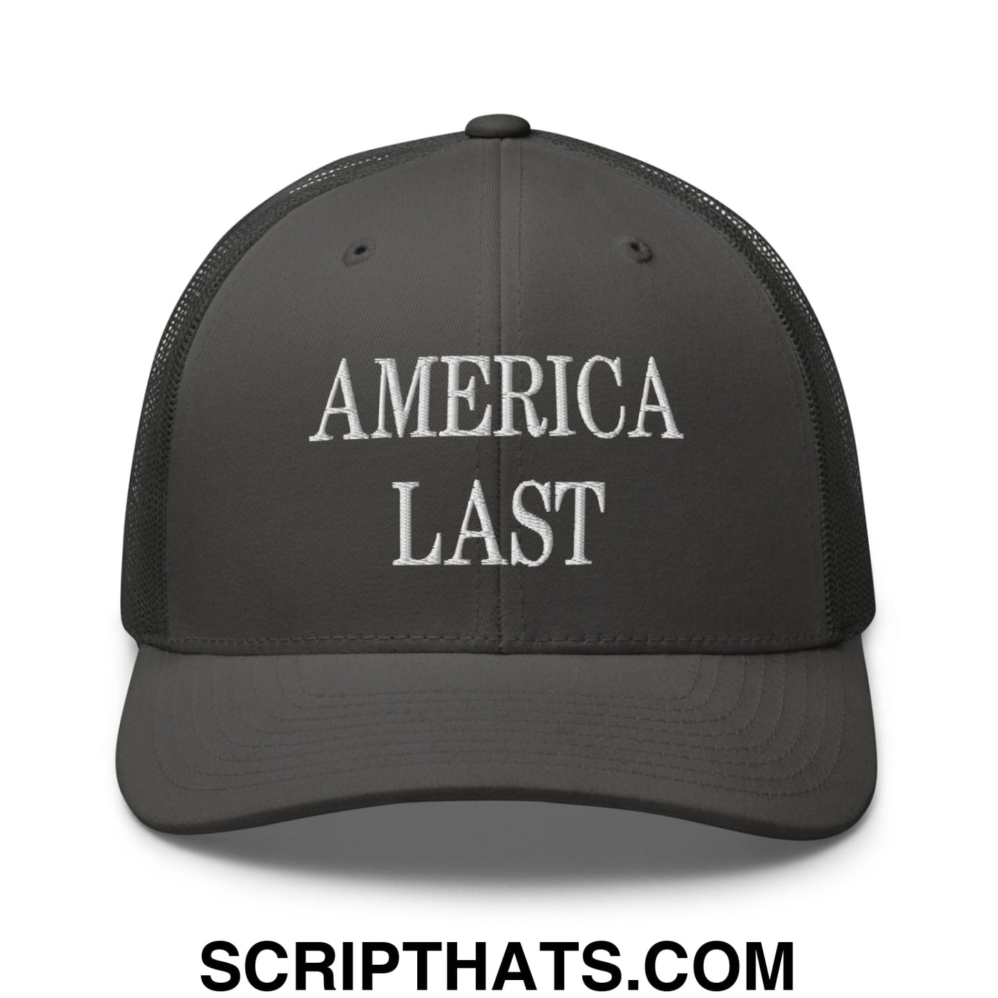 Dark gray mesh trucker hat with white embroidered america last text on the front panel