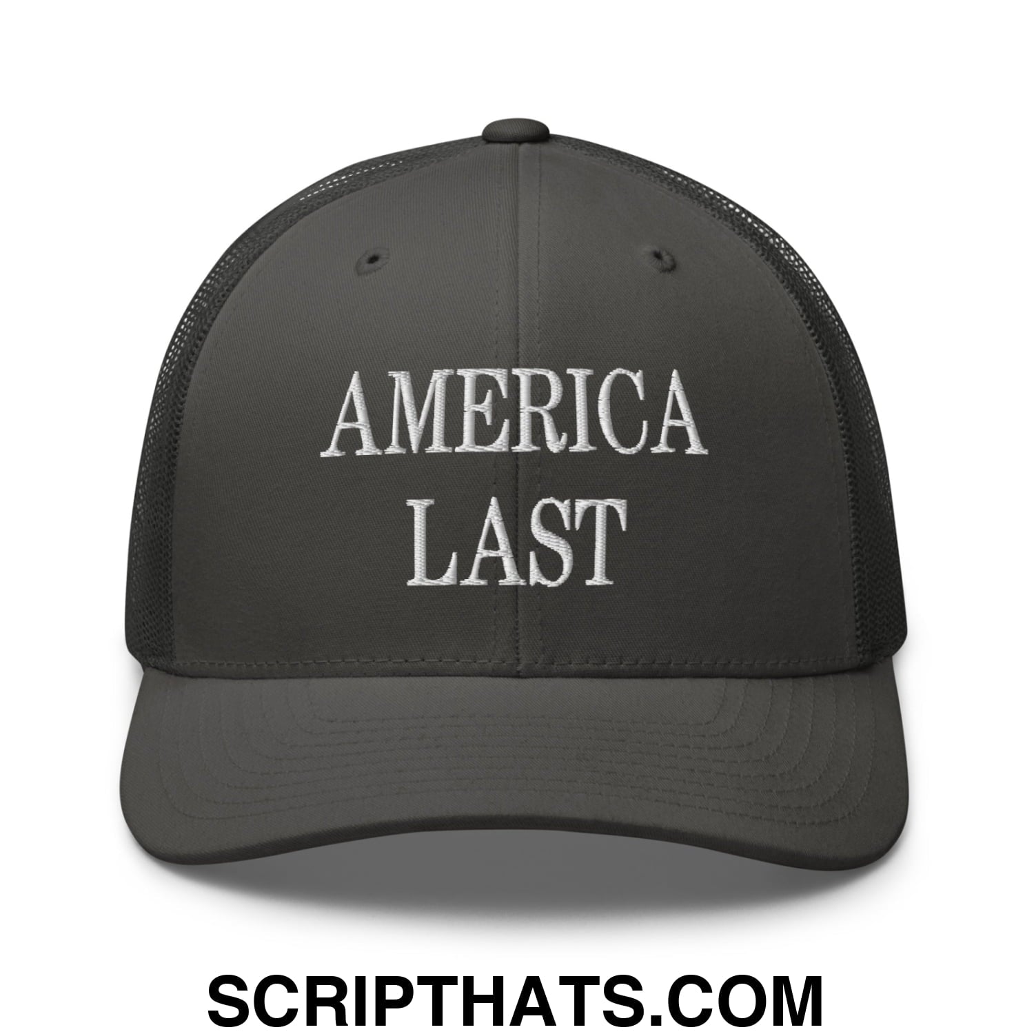 Dark gray mesh trucker hat with white embroidered america last text on the front panel