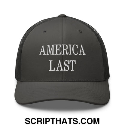 Dark gray mesh trucker hat with white embroidered america last text on the front panel