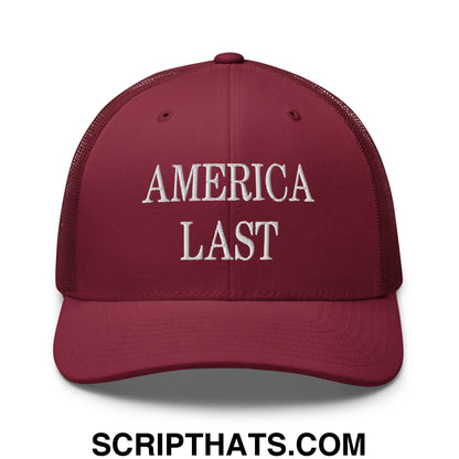 Maroon mesh trucker hat embroidered with white america last text in a casual outdoor style