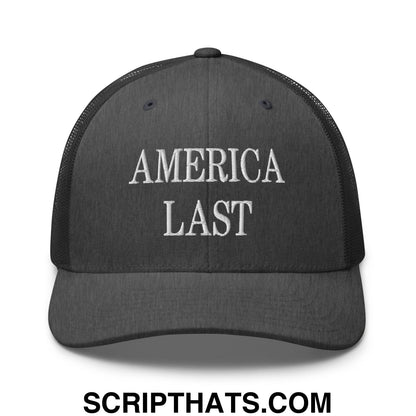 Black mesh trucker hat with white embroidered america last text on the front panel for casual wear