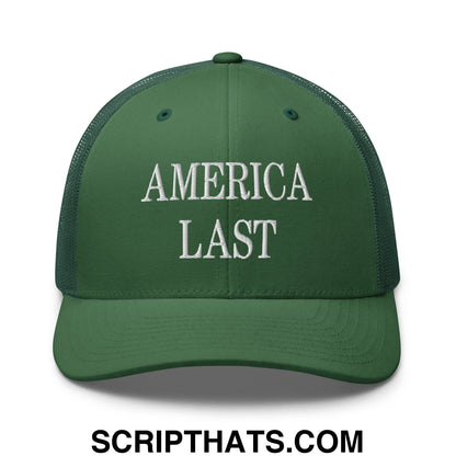 Dark green mesh trucker hat with white embroidered america last text across the front for casual wear
