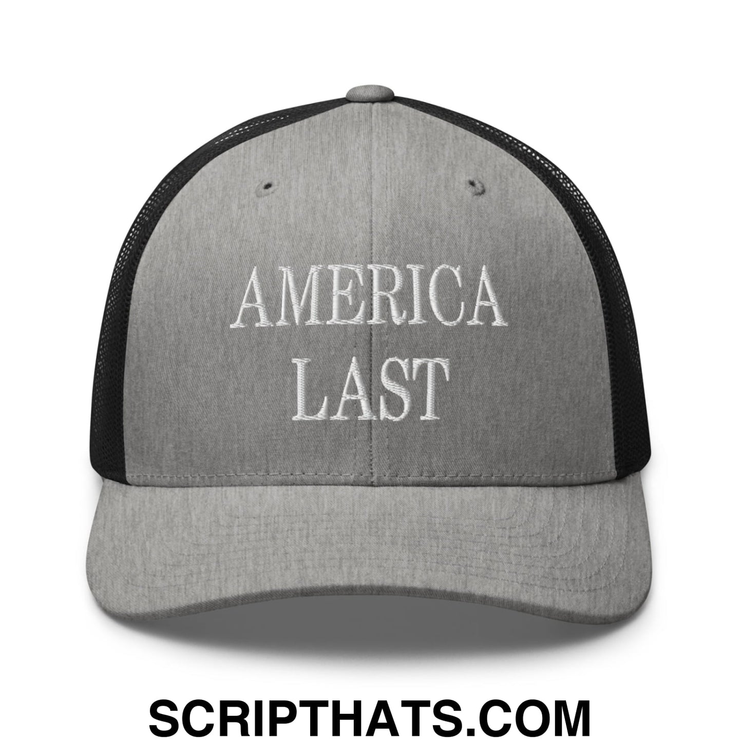 Gray and black mesh trucker hat with america last embroidered in white thread across the front panel