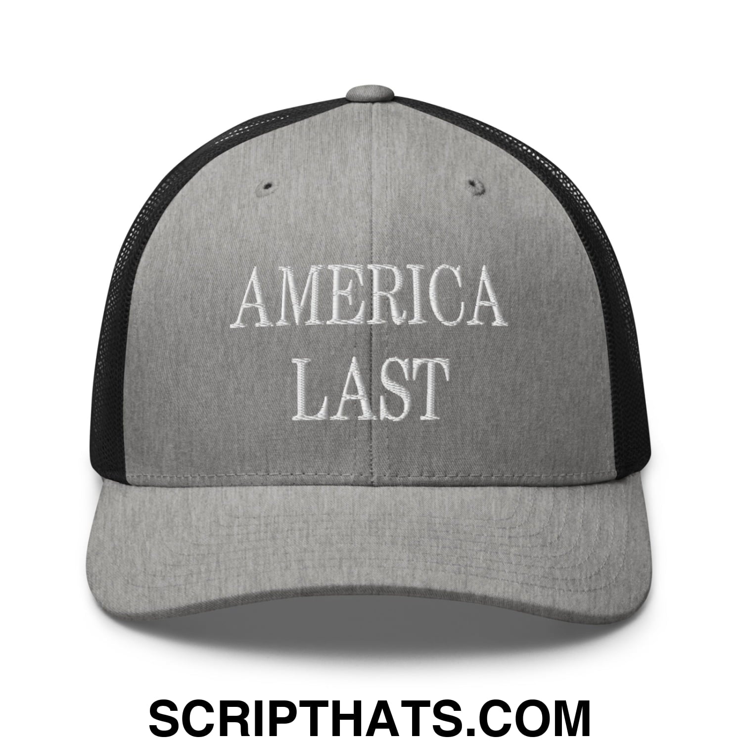 Gray and black mesh trucker hat with america last embroidered in white thread across the front panel
