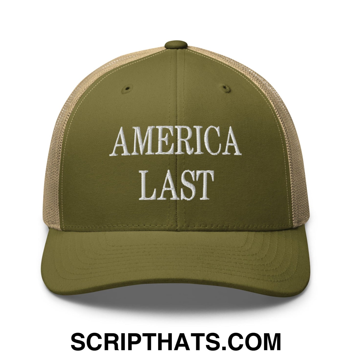 Olive green and tan mesh trucker hat with america last embroidered in white on the front panel