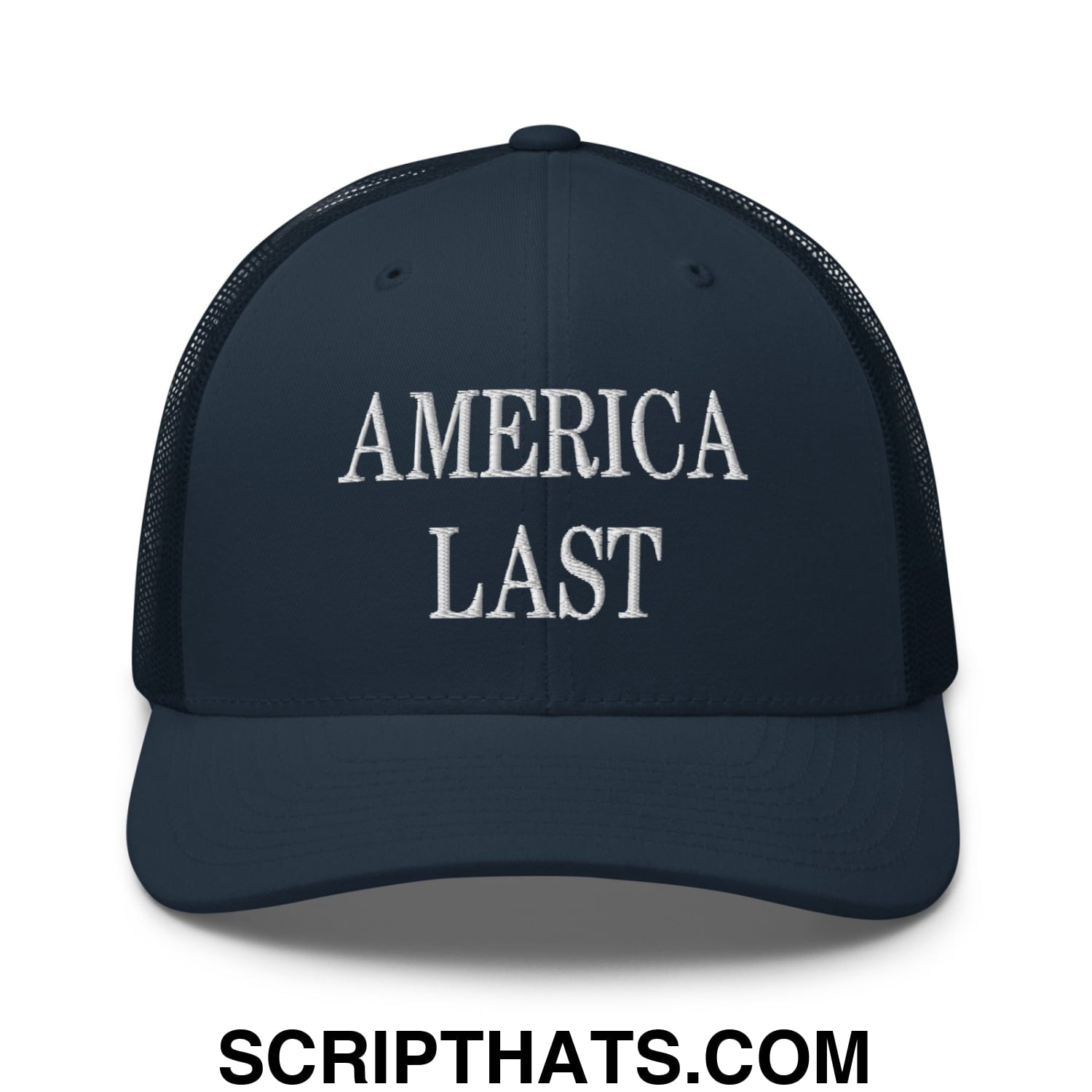 Dark navy blue mesh trucker hat with white embroidered america last text on the front