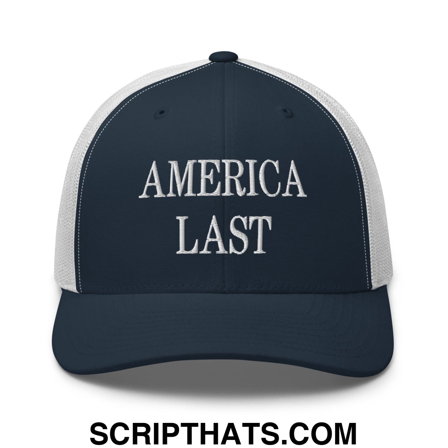Navy blue and white mesh trucker hat with america last embroidered in silver thread front panel