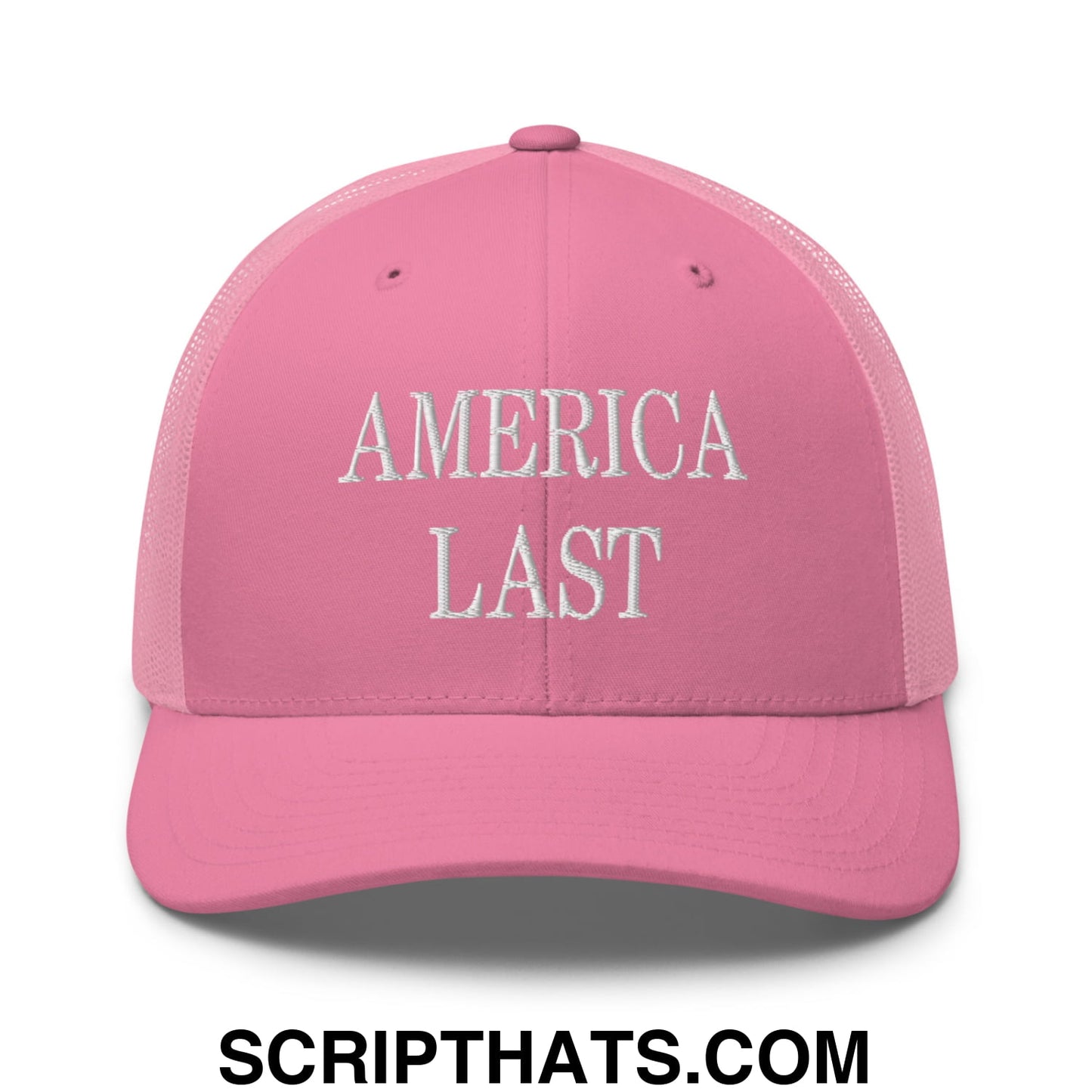 Pink mesh trucker hat with white embroidered america last text front panel for casual wear