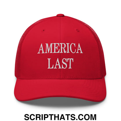 Red mesh trucker hat with white embroidered america last text in a breathable casual style design