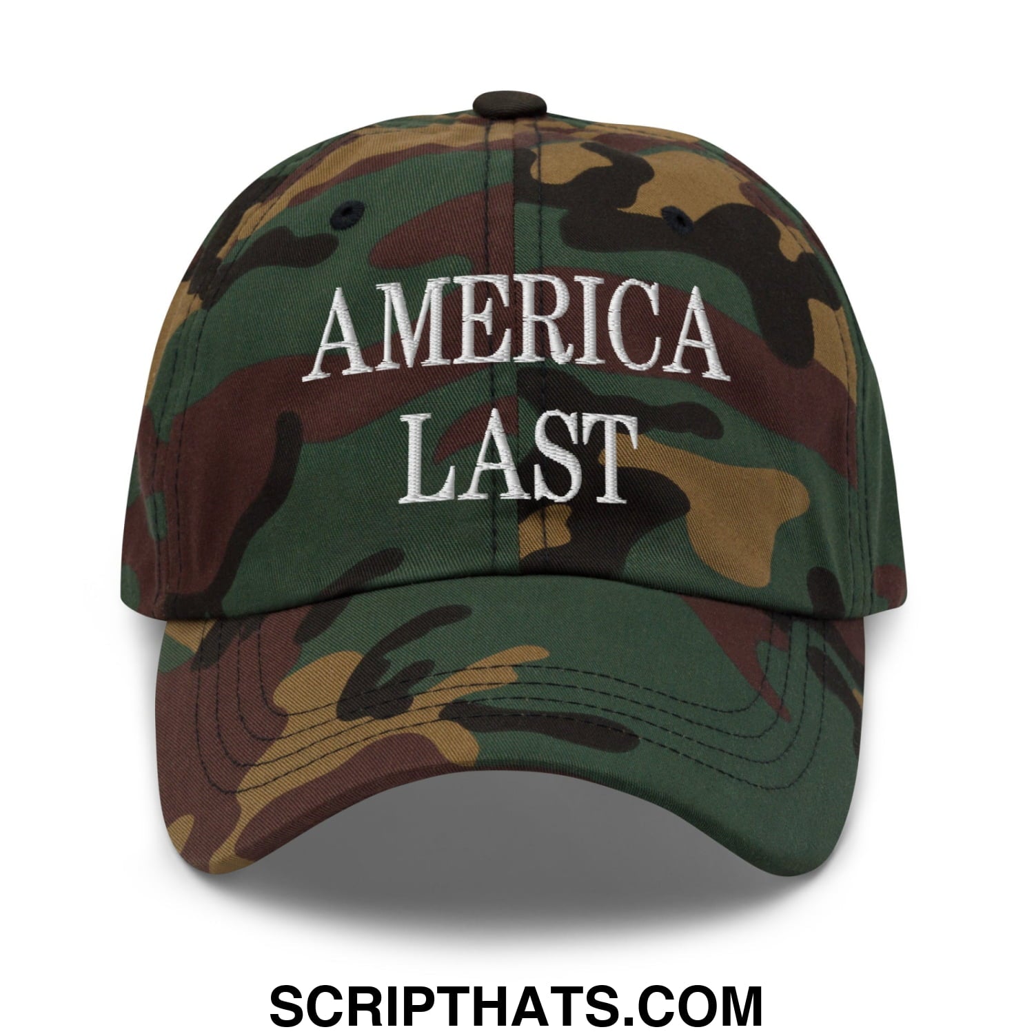 A camouflage unstructured dad hat with america last embroidered in white thread on the front