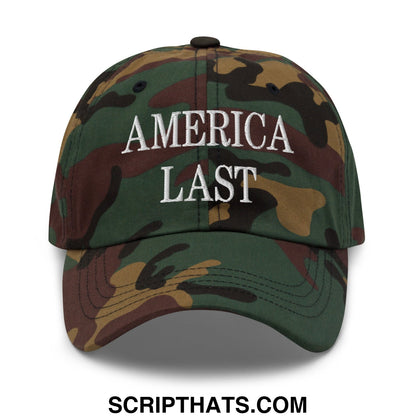 A camouflage unstructured dad hat with america last embroidered in white thread on the front