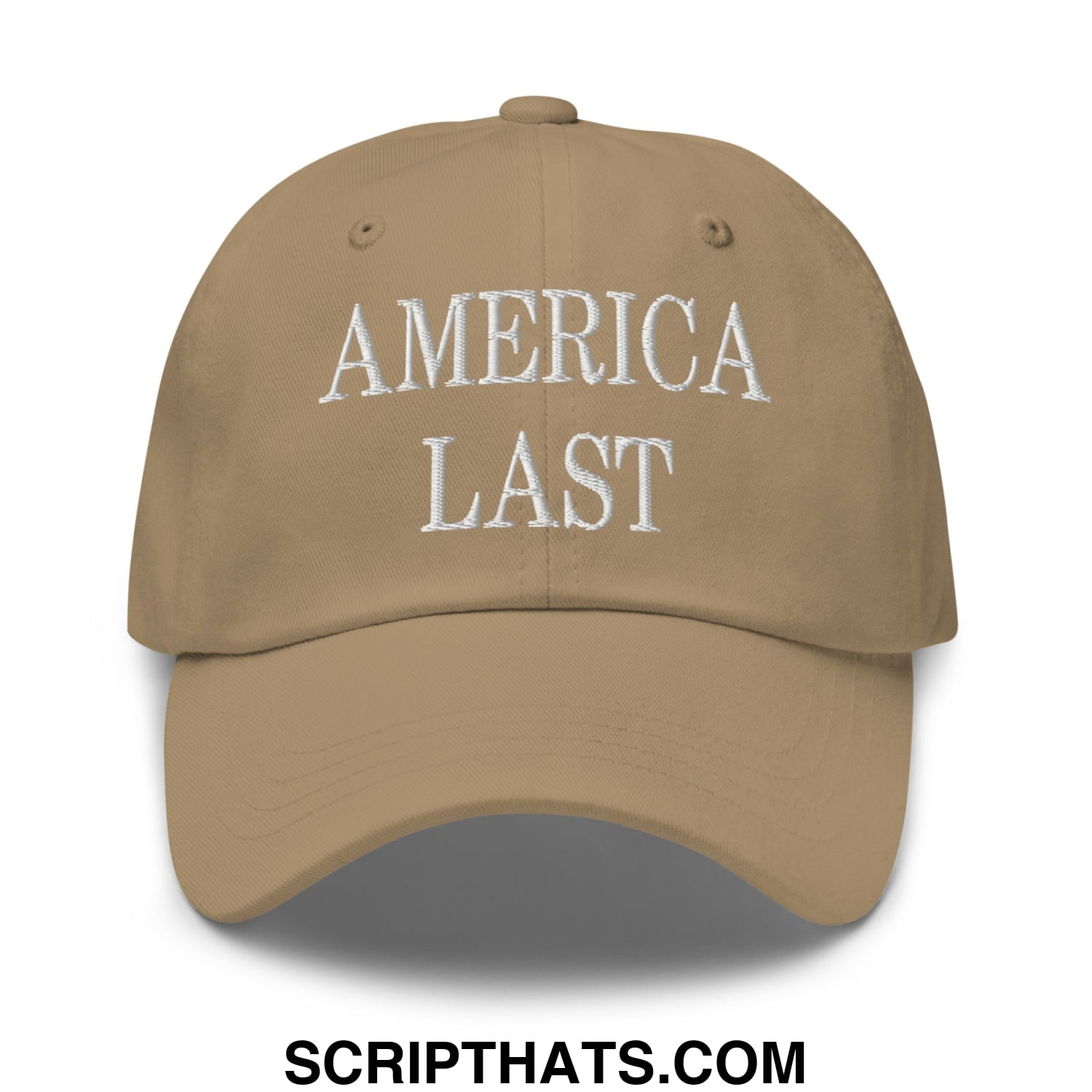 Tan unstructured dad hat with america last embroidered in white thread across the front for casual wear
