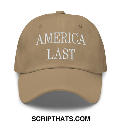 Tan unstructured dad hat with america last embroidered in white thread across the front for casual wear