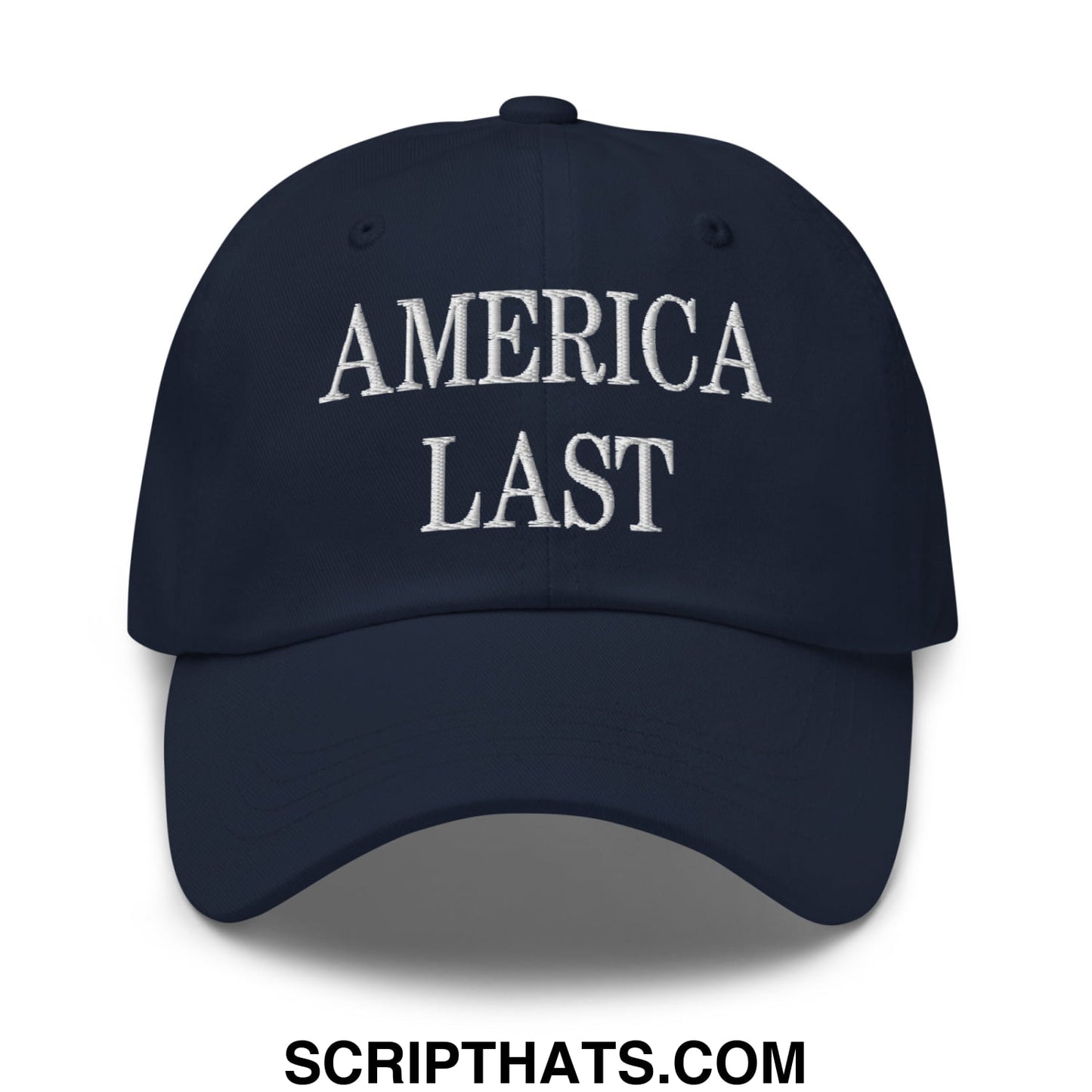 Navy blue unstructured dad hat with america last embroidered in white thread across the front panel