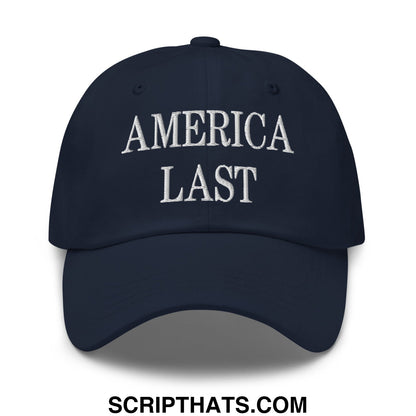 Navy blue unstructured dad hat with america last embroidered in white thread across the front panel