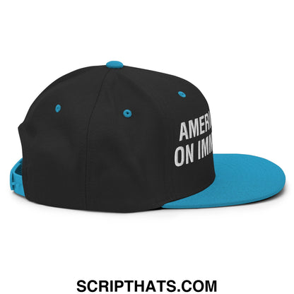 America Runs On Immigrants Embroidered Flat Bill Brim Snapback Hat Black Teal