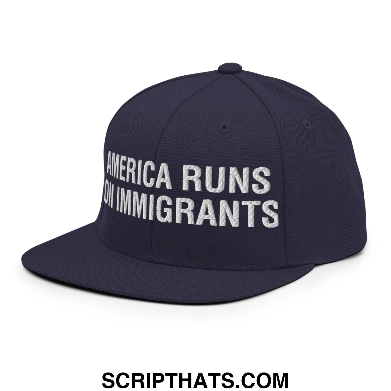 America Runs On Immigrants Embroidered Flat Bill Brim Snapback Hat Navy