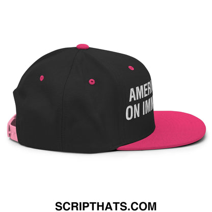 America Runs On Immigrants Embroidered Flat Bill Brim Snapback Hat Black Neon Pink