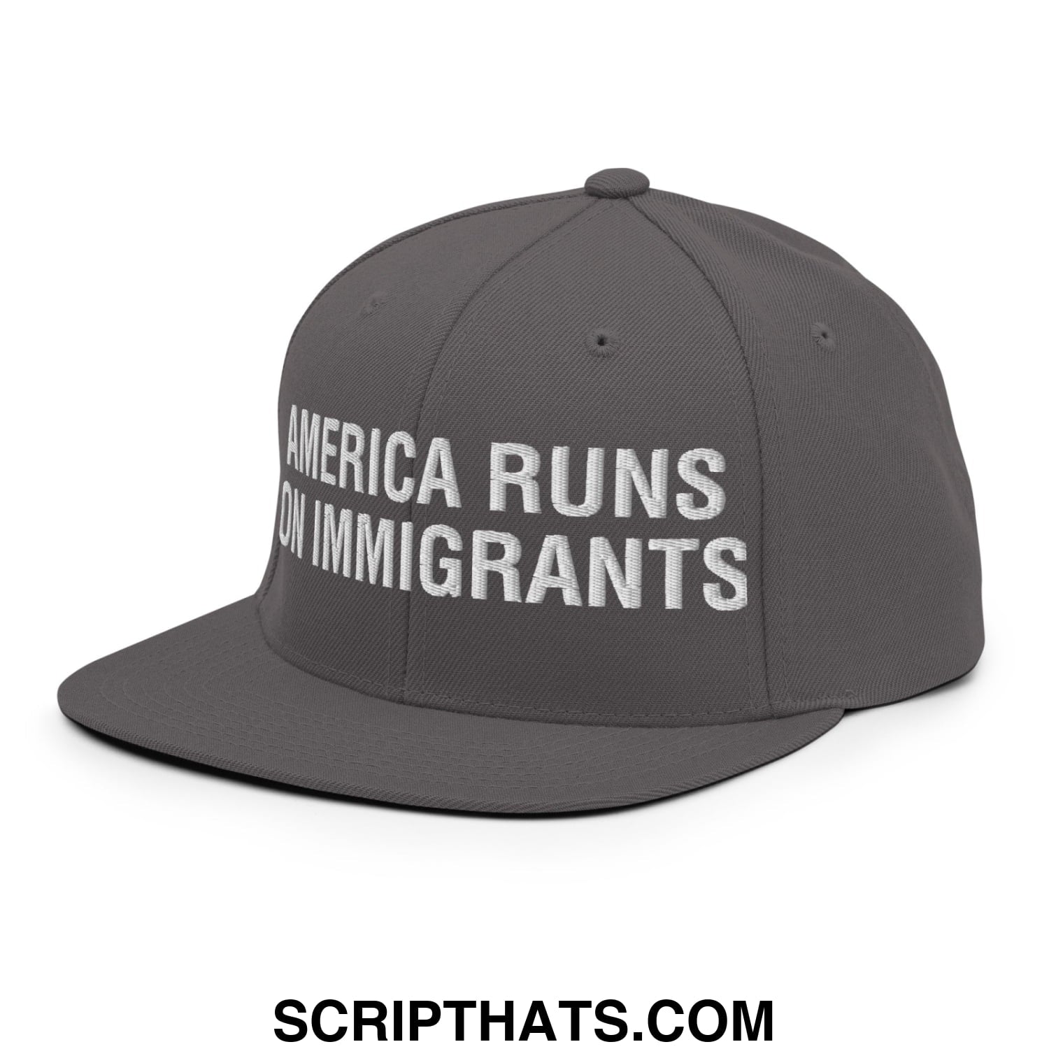 America Runs On Immigrants Embroidered Flat Bill Brim Snapback Hat Dark Grey