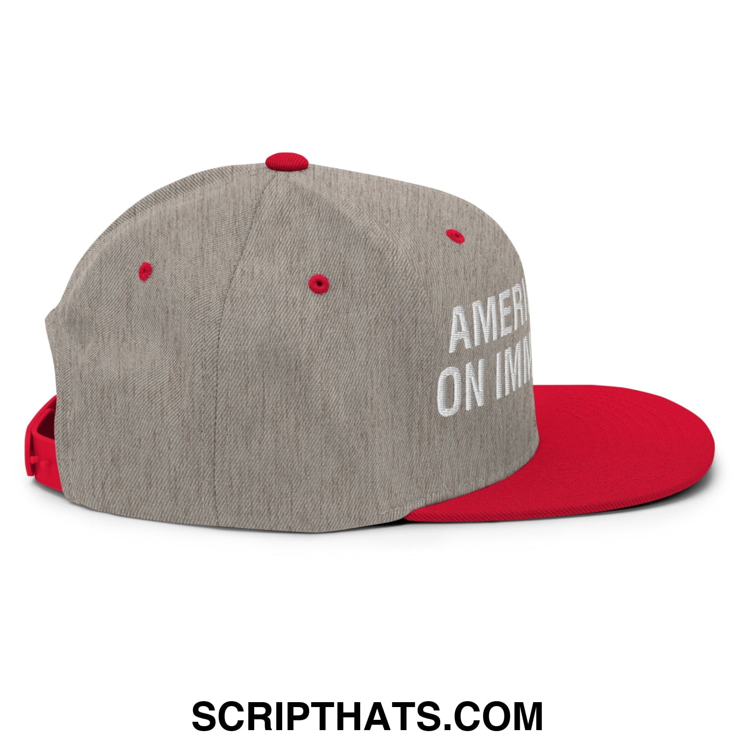 America Runs On Immigrants Embroidered Flat Bill Brim Snapback Hat Heather Grey Red