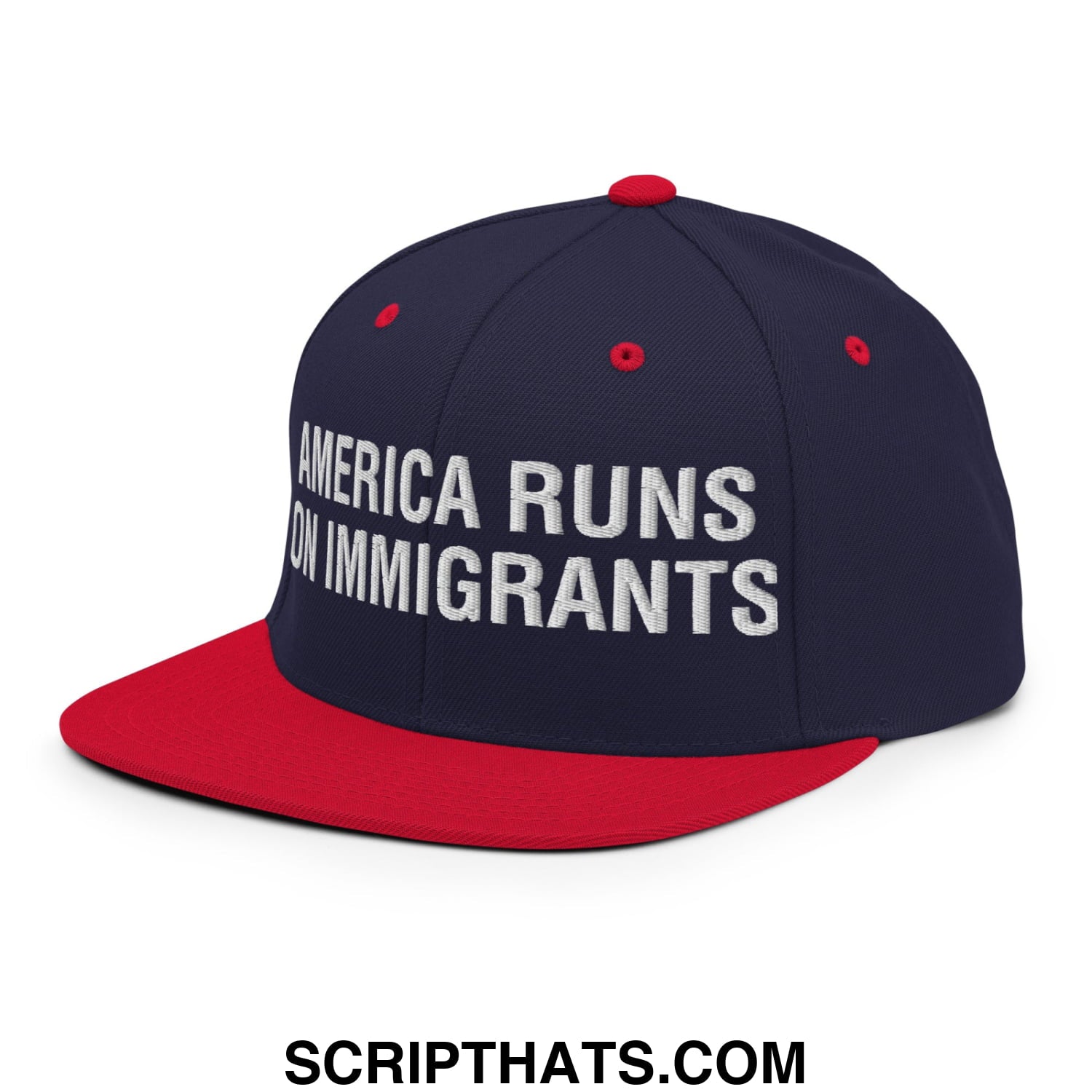 America Runs On Immigrants Embroidered Flat Bill Brim Snapback Hat Navy Red
