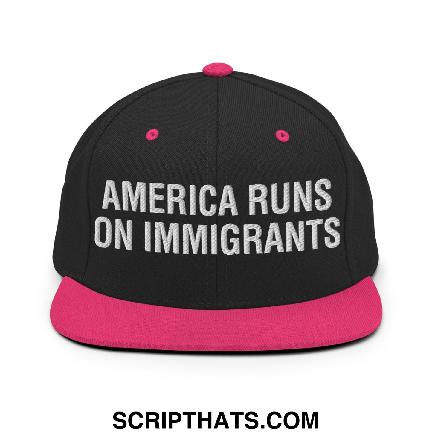 America Runs On Immigrants Embroidered Flat Bill Brim Snapback Hat Black Neon Pink