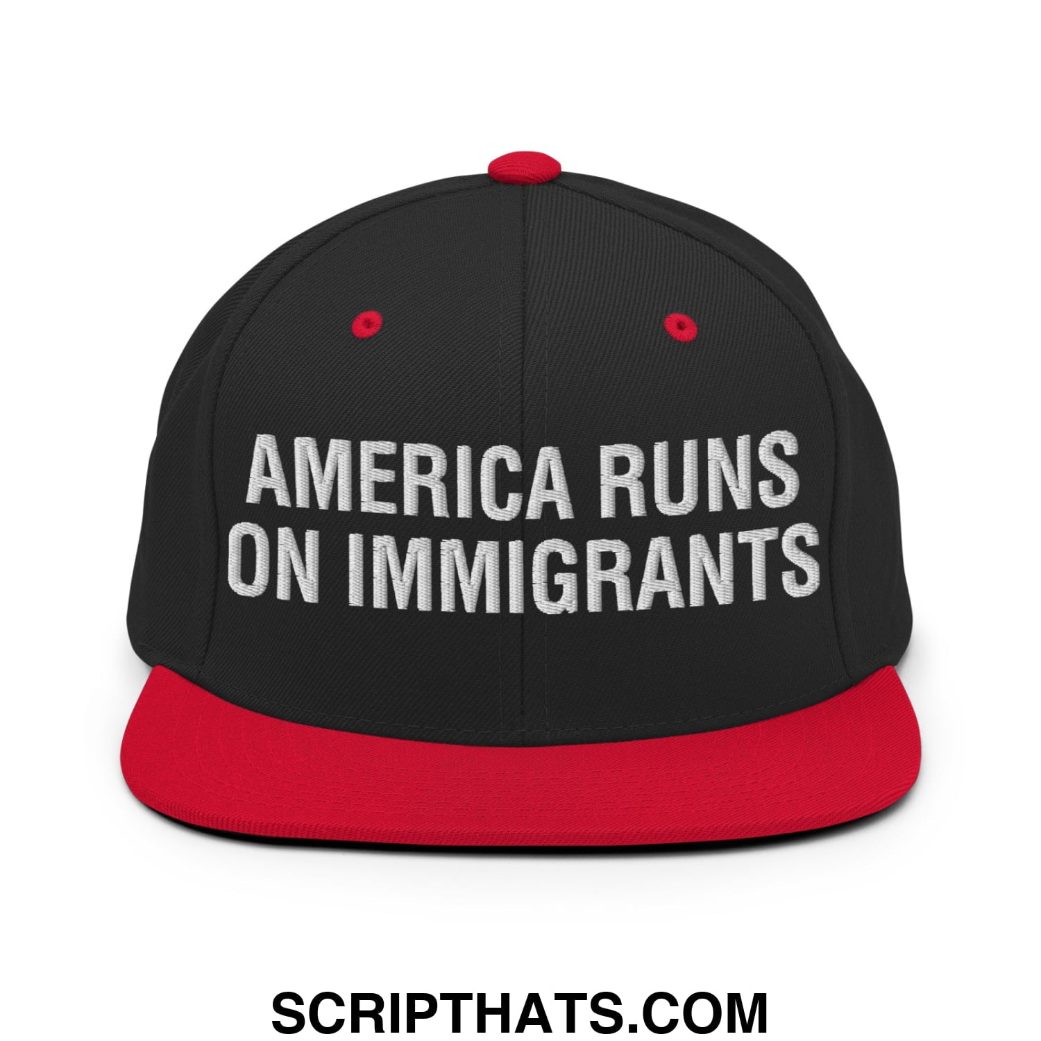 America Runs On Immigrants Embroidered Flat Bill Brim Snapback Hat Black Red