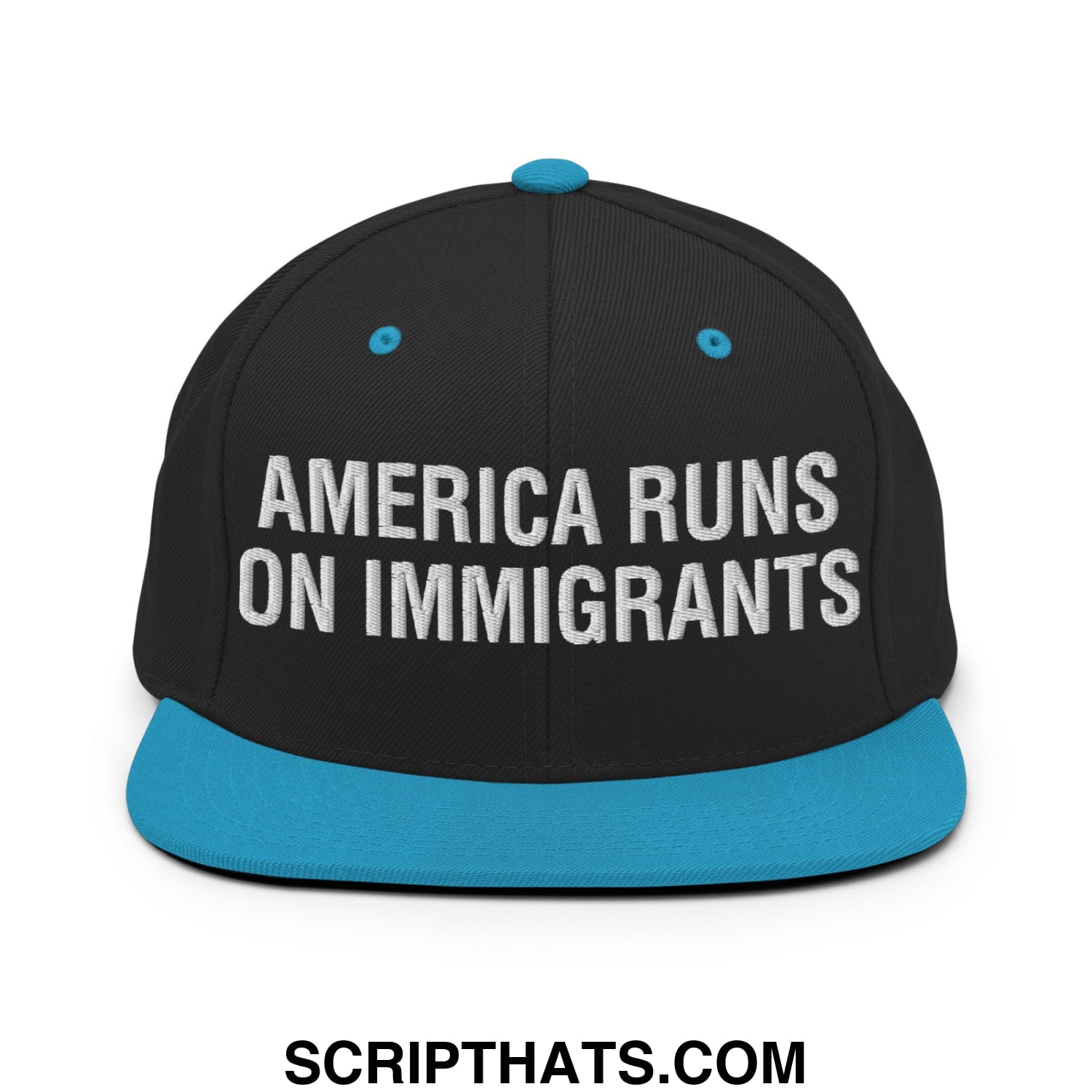 America Runs On Immigrants Embroidered Flat Bill Brim Snapback Hat Black Teal
