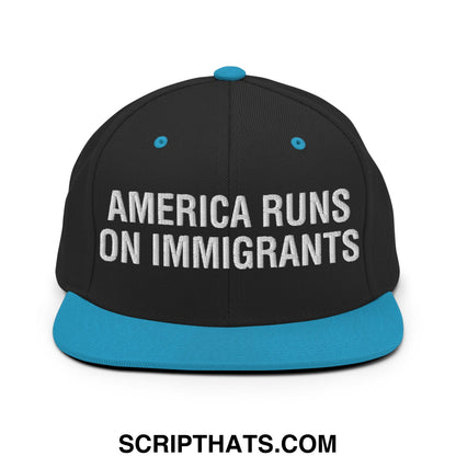 America Runs On Immigrants Embroidered Flat Bill Brim Snapback Hat Black Teal