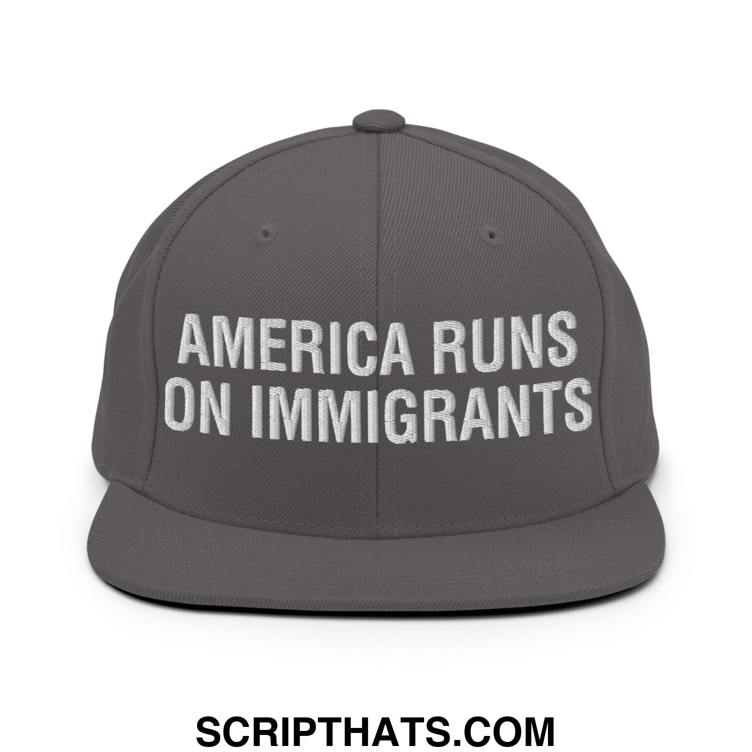 America Runs On Immigrants Embroidered Flat Bill Brim Snapback Hat Dark Grey