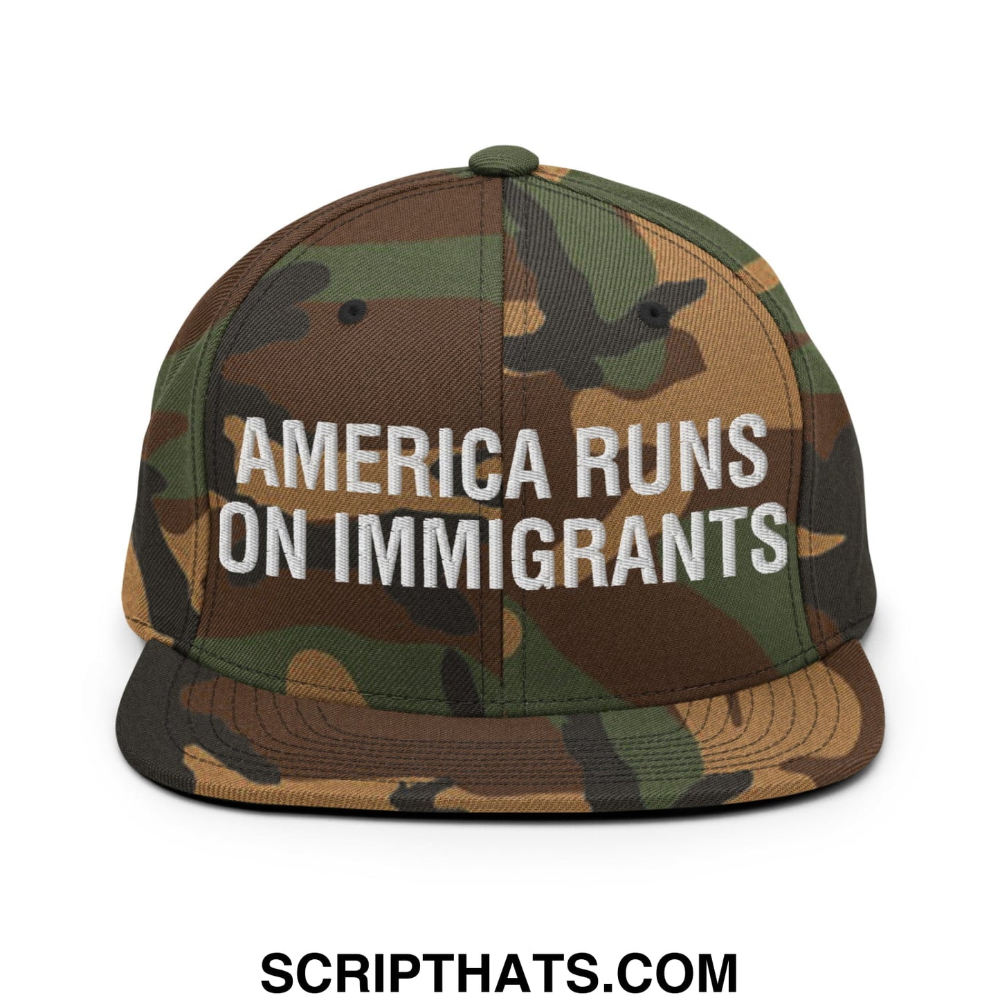 America Runs On Immigrants Embroidered Flat Bill Brim Snapback Hat Green Camo