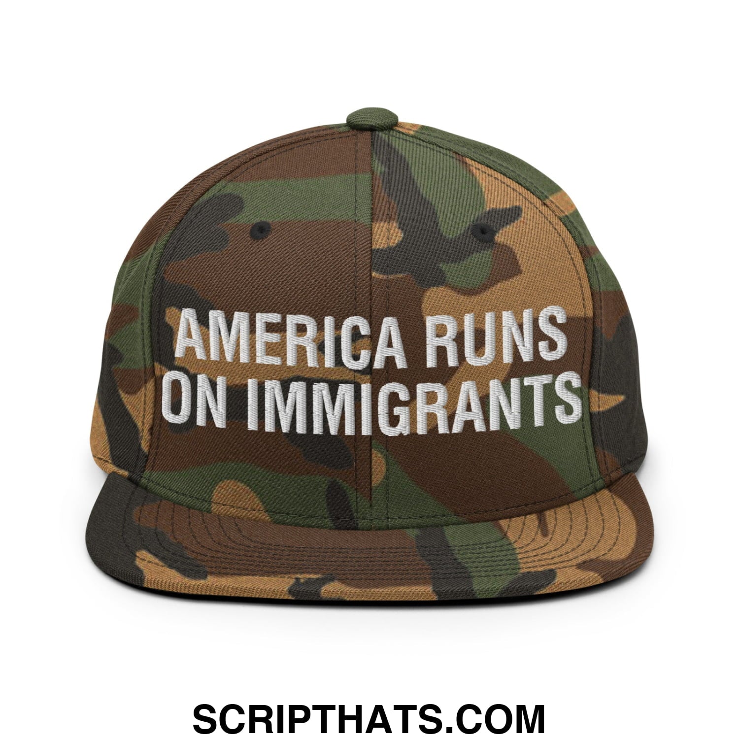 America Runs On Immigrants Embroidered Flat Bill Brim Snapback Hat Green Camo