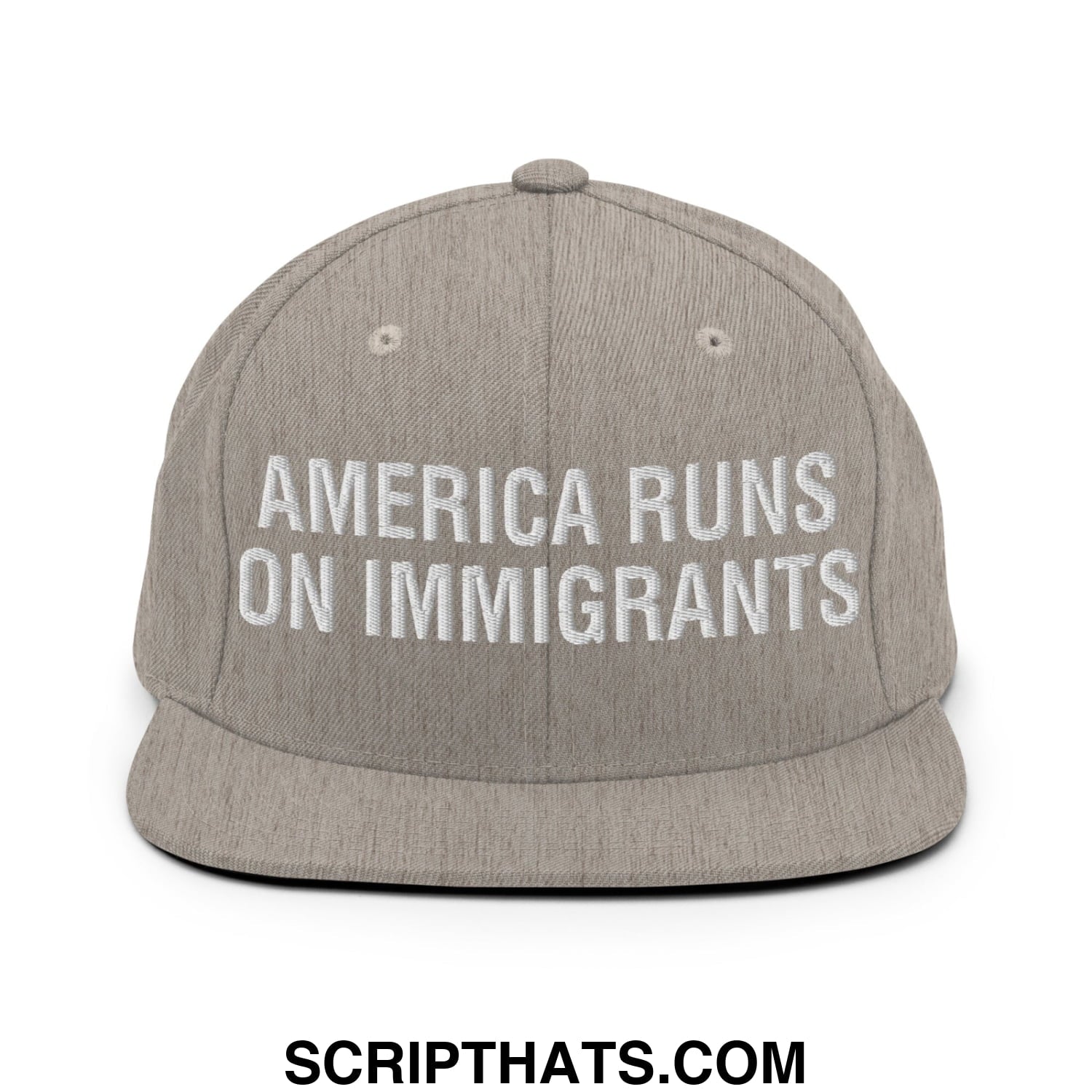 America Runs On Immigrants Embroidered Flat Bill Brim Snapback Hat Heather Grey