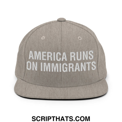 America Runs On Immigrants Embroidered Flat Bill Brim Snapback Hat Heather Grey