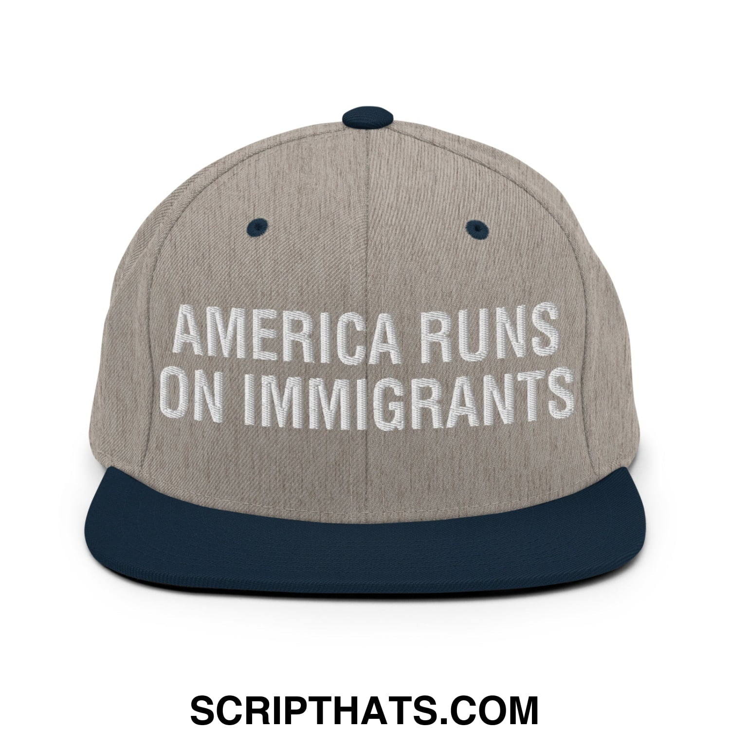 America Runs On Immigrants Embroidered Flat Bill Brim Snapback Hat Heather Grey Navy