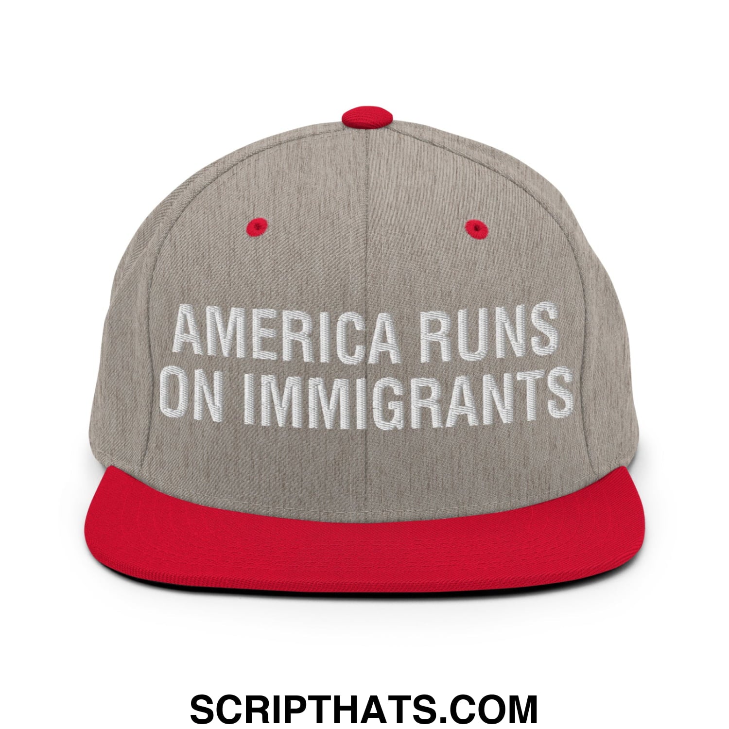 America Runs On Immigrants Embroidered Flat Bill Brim Snapback Hat Heather Grey Red