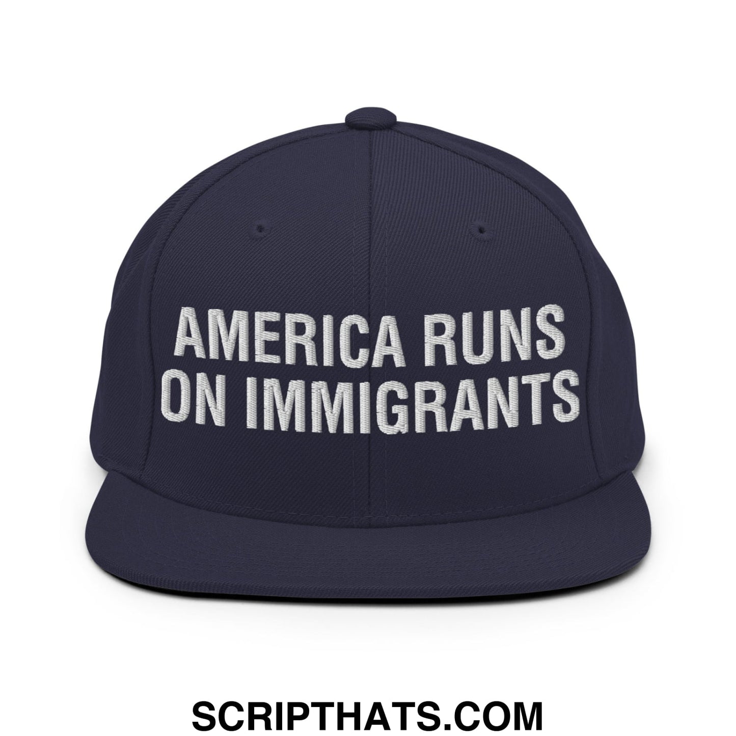 America Runs On Immigrants Embroidered Flat Bill Brim Snapback Hat Navy