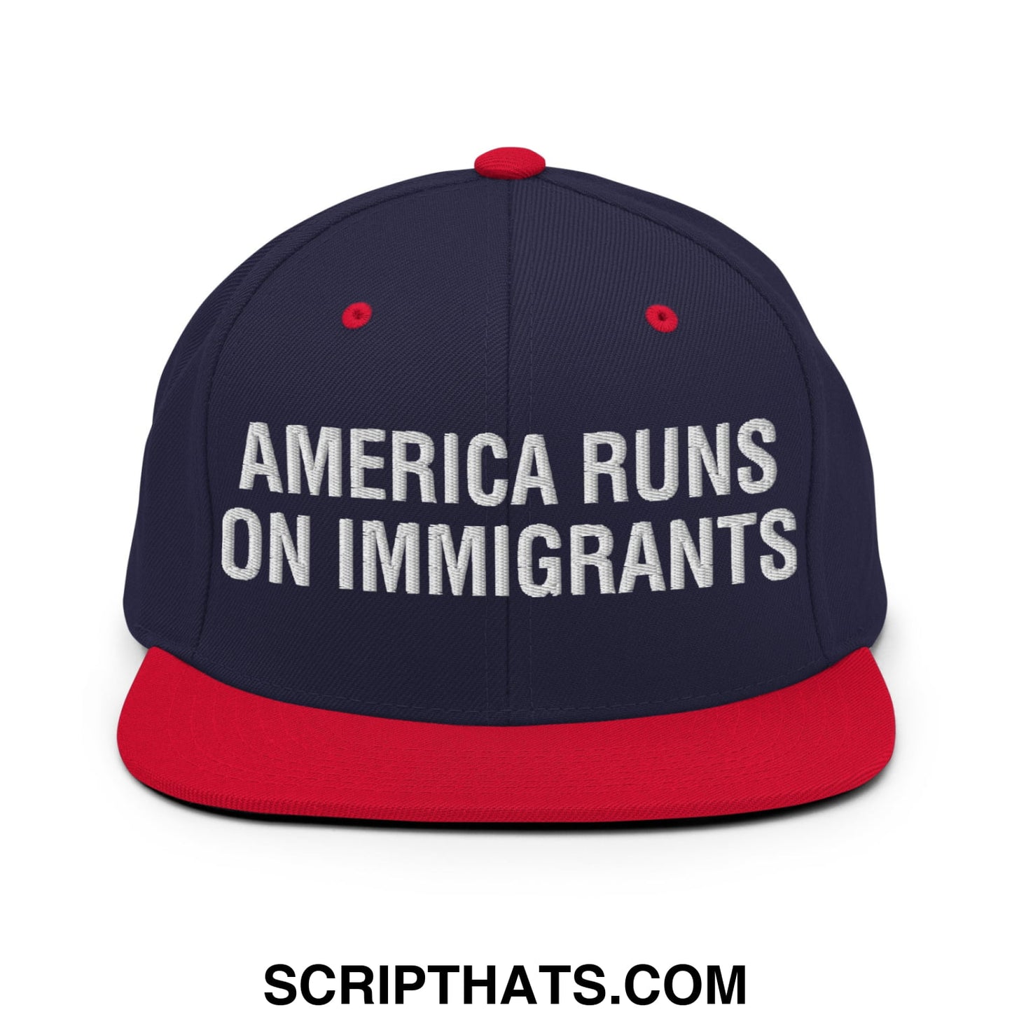 America Runs On Immigrants Embroidered Flat Bill Brim Snapback Hat Navy Red